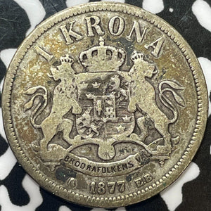 1877 Sweden 1 Krona Lot#M6226 Silver!