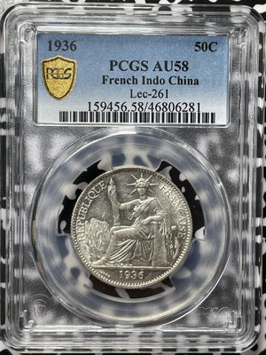 1936 French Indo-China 50 Centimes PCGS AU58 Lot#G4755 Silver! Lec-261