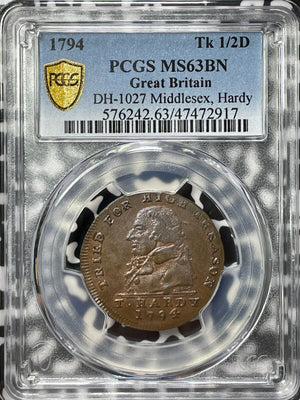 1794 G.B. Middlesex Thomas Hardy 1/2 Penny Conder Token PCGS MS63BN Lot#G5177
