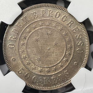 1889 Brazil 500 Reis NGC MS62 Lot#G6073 Silver! Nice UNC!