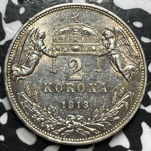 1913 Hungary 2 Korona Lot#D6772 Silver! High Grade! Beautiful!