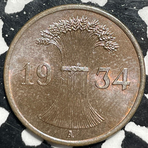 1934-A Germany 1 Pfennig Lot#V9965 High Grade! Beautiful!