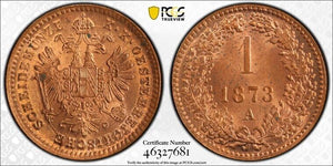 1873-A Austria 1 Kreuzer PCGS MS64RD Lot#G4620 Choice UNC!