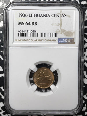 1936 Lithuania 1 Centas NGC MS64RB Lot#G4675 Choice UNC!