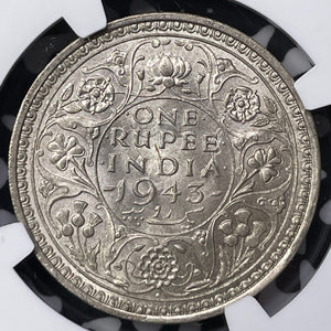 1943-B India 1 Rupee NGC MS62 Lot#G6029 Silver! Nice UNC!