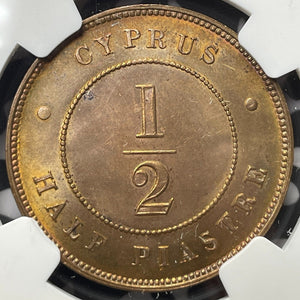 1882-H Cyprus 1/2 Piastre NGC UNC Details-Reverse Spot Removed Lot#G4879
