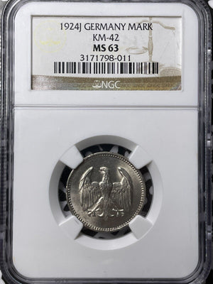 1924-J Germany 1 Mark NGC MS63 Lot#G6299 Silver! Choice UNC! KM#42