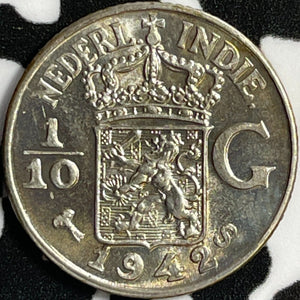 1942-S Neth. East Indies 1/10 Gulden Lot#D4865 Silver! High Grade! Beautiful!