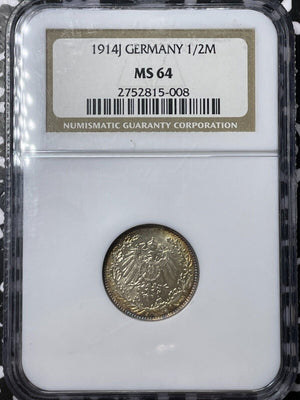 1914-J Germany 1/2 Mark NGC MS64 Lot#G6235 Silver! Choice UNC!