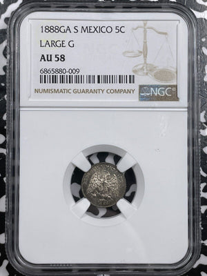 1888-Ga S Mexico 5 Centavos NGC AU58 Lot#G6487 Silver! Large "G"