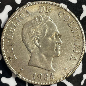 1934 Colombia 50 Centavos Lot#D4368 Silver! Beautiful Detail, Old Cleaning