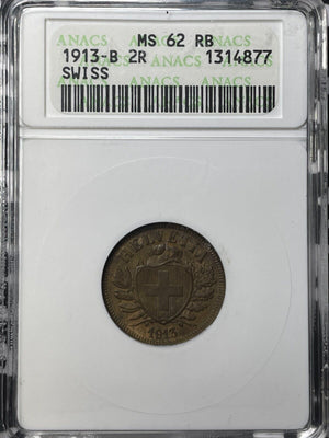 1913-B Switzerland 2 Rappen ANACS MS62RB Lot#G6337 Nice UNC!