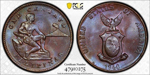 1940-M U.S. Philippines 1 Centavo PCGS MS64BN Lot#G5288 Choice UNC!