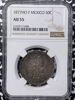 1877-Ho F Mexico 50 Centavos NGC AU55 Lot#G6051 Silver! Very Scarce!