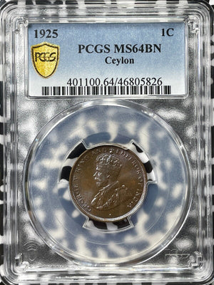 1925 Ceylon 1 Cent PCGS MS64BN Lot#G4932 Choice UNC!