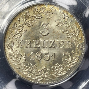 1851 Germany Wurttemberg 3 Kreuzer PCGS MS67 Lot#G6243 Gem BU! Solo Top Graded!