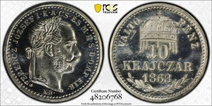 1868-KB Hungary 10 Krajczar Restrike PCGS PR66 Lot#G6792 Silver! Gem BU! KM#440