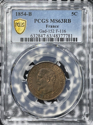 1854-B France 5 Centimes PCGS MS63RB Lot#G6200 Choice UNC! Gad-152, F-116