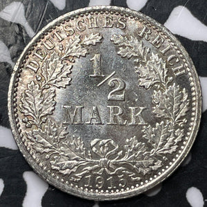 1915-A Germany 1/2 Mark Half Mark Lot#D6285 Silver! High Grade! Beautiful!