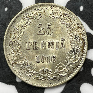 1916 Finland 25 Pennia Lot#M6267 Silver! High Grade! Beautiful!