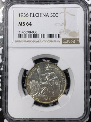 1936 French Indo-China 50 Centimes NGC MS64 Lot#G5985 Silver! Choice UNC!