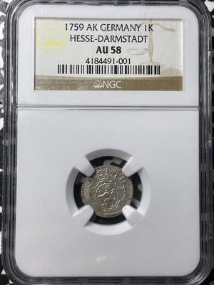 1759-AK Germany Hesse-Darmstadt 1 Kreuzer NGC AU58 Lot#G6246 Silver! KM#172
