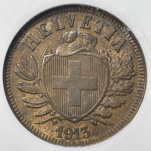 1913-B Switzerland 2 Rappen ANACS MS62RB Lot#G6337 Nice UNC!