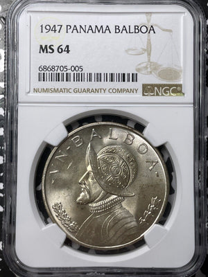 1947 Panama 1 Balboa NGC MS64 Lot#G6542 Large Silver! Choice UNC!