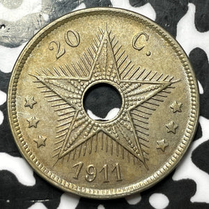 1911 Belgian Congo 20 Centimes Lot#M9733 High Grade! Beautiful!
