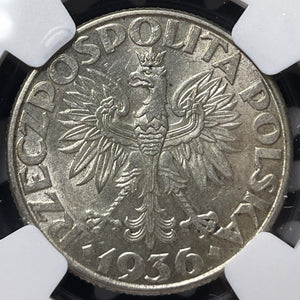 1936 Poland 2 Zlote NGC MS62 Lot#G6548 Silver! Nice UNC!
