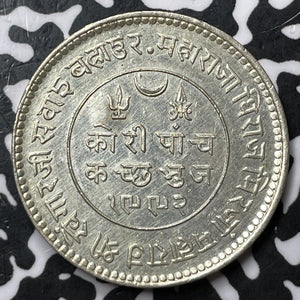 1936 India Kutch 5 Kori Lot#D6741 Silver! Beautiful Detail, Old Cleaning