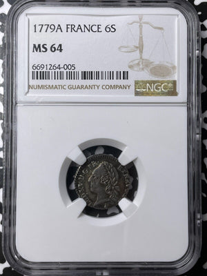 1779-A France 6 Sols/ 1/20 Ecu NGC MS64 Lot#G6488 Silver! Cianni-2134