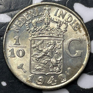1942 Netherlands E. Indies 1/10 Gulden Lot#D6176 Silver! High Grade! Beautiful!