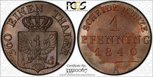 1840-A Germany Prussia 1 Pfennig PCGS MS64BN Lot#G6324 Choice UNC!