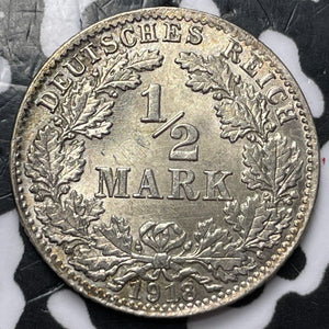 1918-D Germany 1/2 Mark Half Mark Lot#D6283 Silver! High Grade! Beautiful!
