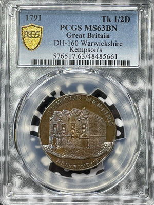 1791 G.B. Warwickshire Kempsons 1/2 Penny Conder Token PCGS MS63BN Lot#G5953