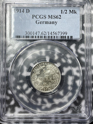 1914-D Germany 1/2 Mark PCGS MS62 Lot#G6271 Silver! Nice UNC!