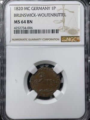 1820-MC Germany Brunswick-Wolfenbuttel 1 Pfennig NGC MS64BN Lot#G6283 Choice UNC