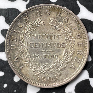 1909-H Bolivia 20 Centavos Lot#D1391 Silver! Nice!