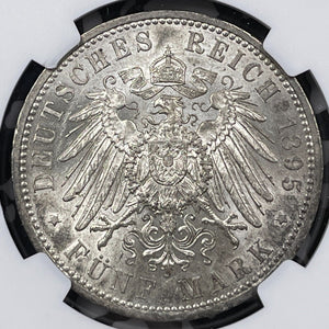 1895-A Germany Prussia 5 Mark NGC AU58 Lot#G6581 Large Silver!