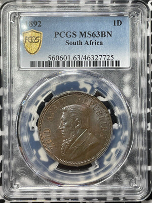 1892 South Africa 1 Penny PCGS MS63 Lot#G4583 Choice UNC!