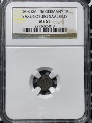 1808 Germany Saxe-Coburg-Saalfeld 1 Pfennig NGC MS61 Lot#G6261 Nice UNC! KM#136