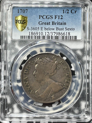 1707 G.B. Queen Anne 1/2 Crown PCGS F12 Lot#G6679 Large Silver! S-3605