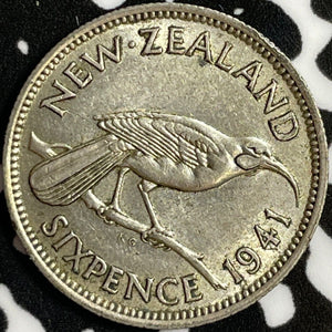 1941 New Zealand 6 Pence Sixpence Lot#M8957 Silver! Nice! Key Date!