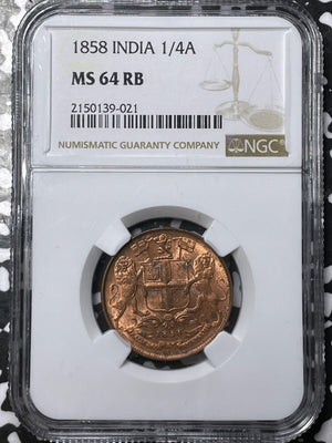 1858 India 1/4 Anna NGC MS64RB Lot#G6811 Choice UNC!