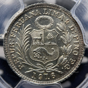1916/5-FG Peru 1/2 Dinero PCGS MS65 Lot#G6496 Silver! Gem BU!