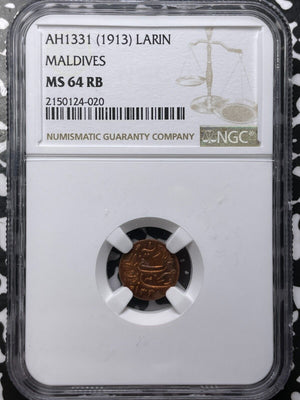 AH 1331 (1913) Maldives 1 Larin NGC MS64RB Lot#G6894 Choice UNC!