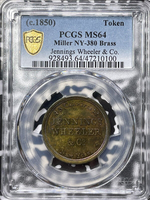 (c.1850) U.S. NY Jennings Wheeler & Co. Merchant Token PCGS MS64 Lot#G5594