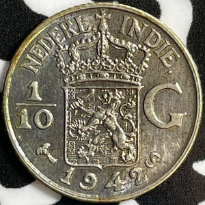 1942-S Neth. East Indies 1/10 Gulden Lot#D4863 Silver! High Grade! Beautiful!