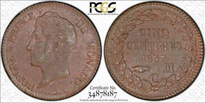 1837-M C Monaco 5 Centimes PCGS AU58 Lot#G6494 Gad-MC102